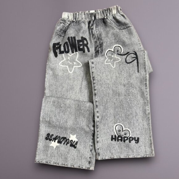 Gray Wide Leg Jeans Y2K Graphic Denim Pants High Waist Baggy Streetwear Cartoon - Picture 2 of 9